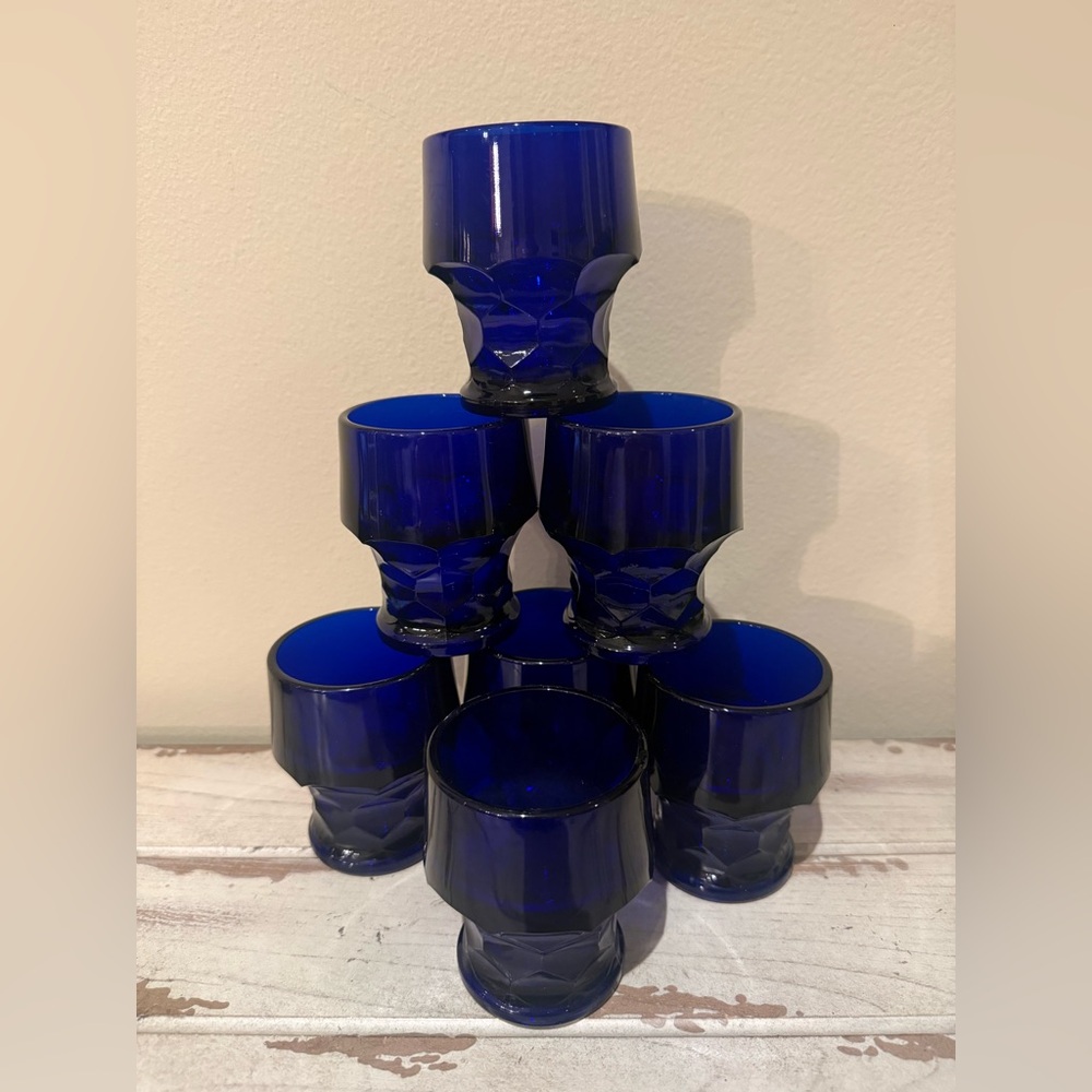 Viking Glass Flat Georgian Cobalt Blue Juice Glasses - Set of 7